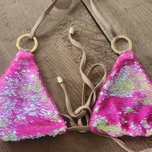 BEACH BUNNY Pink and Tan Sequin "Siren Song" Bikini Top - M